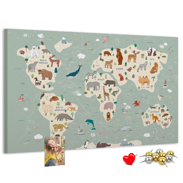 Pizarra de corcho con diseño de mapa de animales del mundo