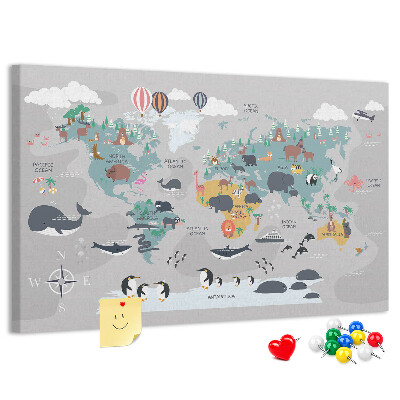 Tablero de anuncios Mapa del mundo con ilustraciones de animales.