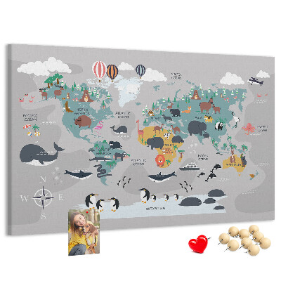 Tablero de anuncios mapamundi con ilustraciones de animales