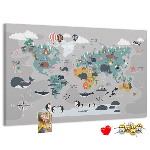 Tablero de anuncios mapamundi con ilustraciones de animales