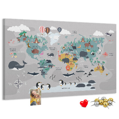 Tablero de anuncios mapamundi con ilustraciones de animales