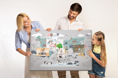 Tablero de anuncios mapamundi con ilustraciones de animales