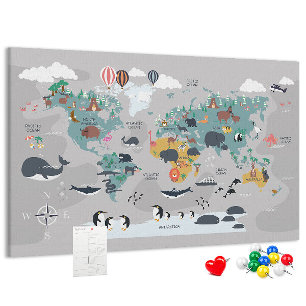 Tablero de anuncios mapamundi con ilustraciones de animales