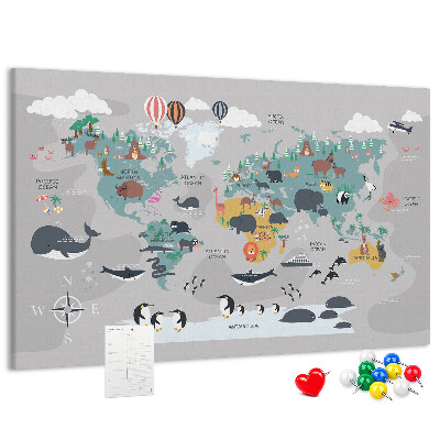 Tablero de anuncios mapamundi con ilustraciones de animales