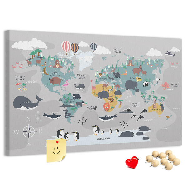 Tablero de anuncios mapamundi con ilustraciones de animales