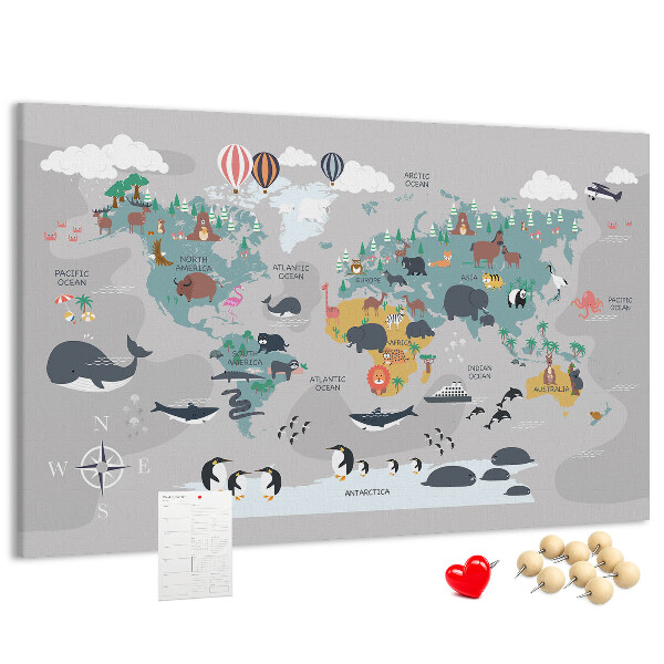 Tablero de anuncios mapamundi con ilustraciones de animales
