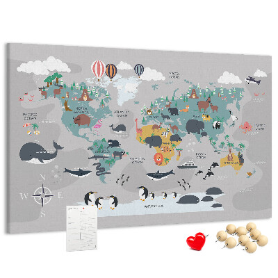 Tablero de anuncios mapamundi con ilustraciones de animales