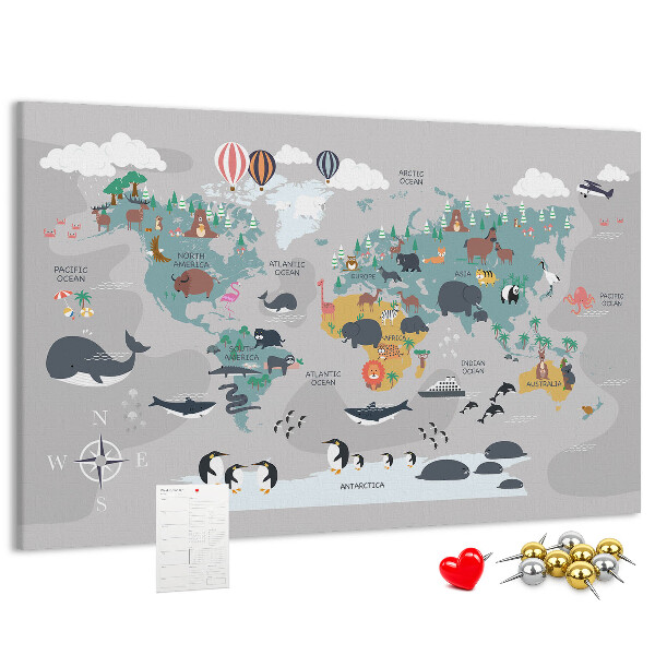Tablero de anuncios mapamundi con ilustraciones de animales
