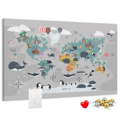Tablero de anuncios mapamundi con ilustraciones de animales