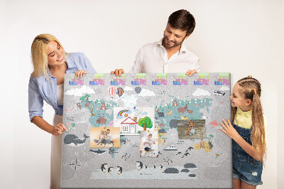 Tablero de anuncios mapamundi con ilustraciones de animales