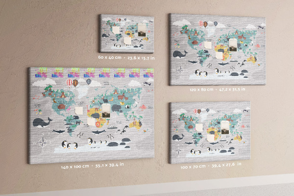Tablero de anuncios mapamundi con ilustraciones de animales