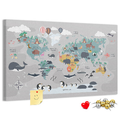 Tablero de anuncios mapamundi con ilustraciones de animales