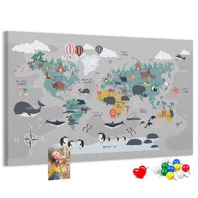Tablero de anuncios mapamundi con ilustraciones de animales