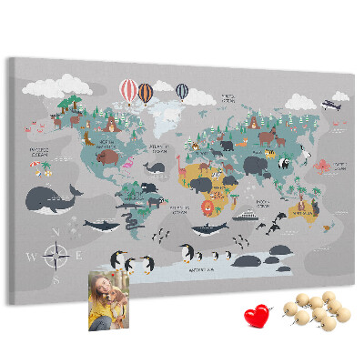 Tablero de anuncios mapamundi con ilustraciones de animales