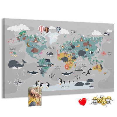 Tablero de anuncios mapamundi con ilustraciones de animales