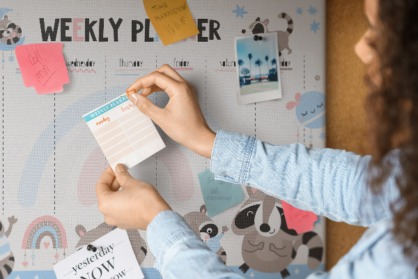 Pizarra de corcho con diseño de agenda semanal y mapaches alegres