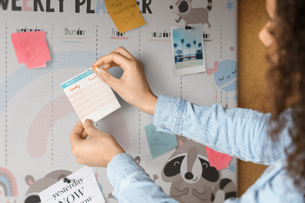 Pizarra de corcho con diseño de agenda semanal y mapaches alegres
