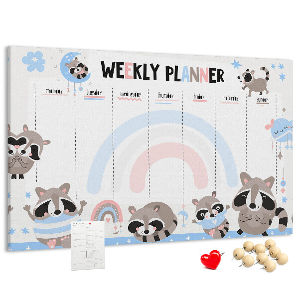 Pizarra de corcho con diseño de agenda semanal y mapaches alegres
