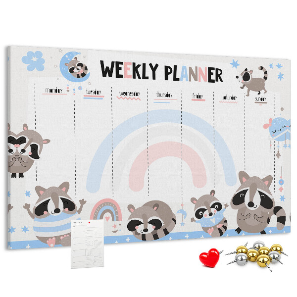 Pizarra de corcho con diseño de agenda semanal y mapaches alegres