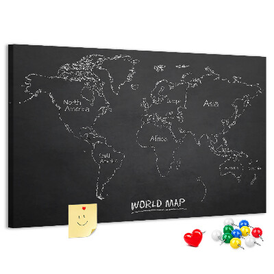 Pizarra de corcho con diseño de mapa del mundo sobre fondo negro