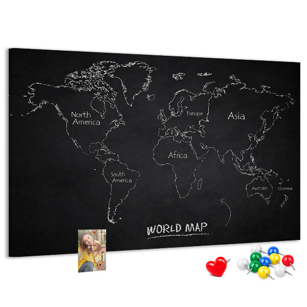 Pizarra de corcho con diseño de mapa del mundo sobre fondo negro