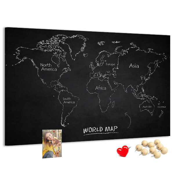 Pizarra de corcho con diseño de mapa del mundo sobre fondo negro