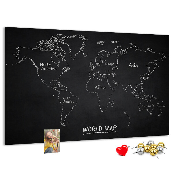 Pizarra de corcho con diseño de mapa del mundo sobre fondo negro