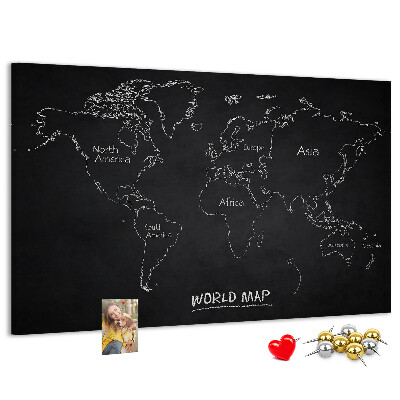 Pizarra de corcho con diseño de mapa del mundo sobre fondo negro
