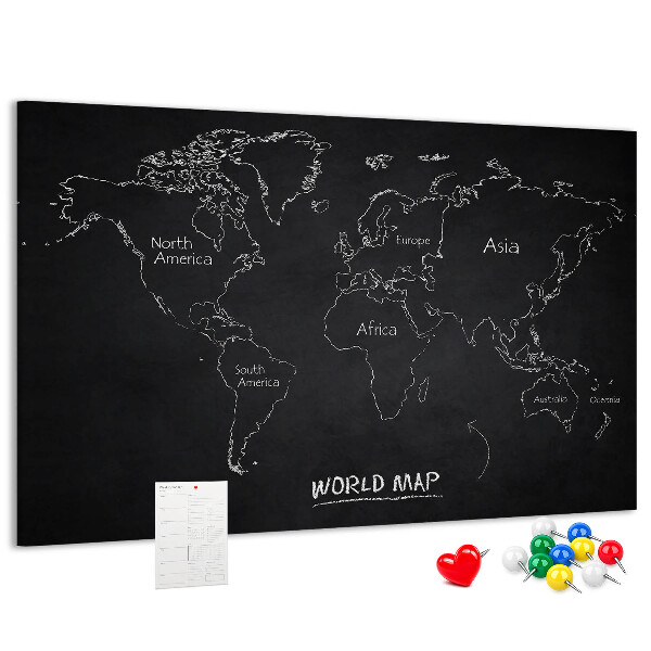 Pizarra de corcho con diseño de mapa del mundo sobre fondo negro