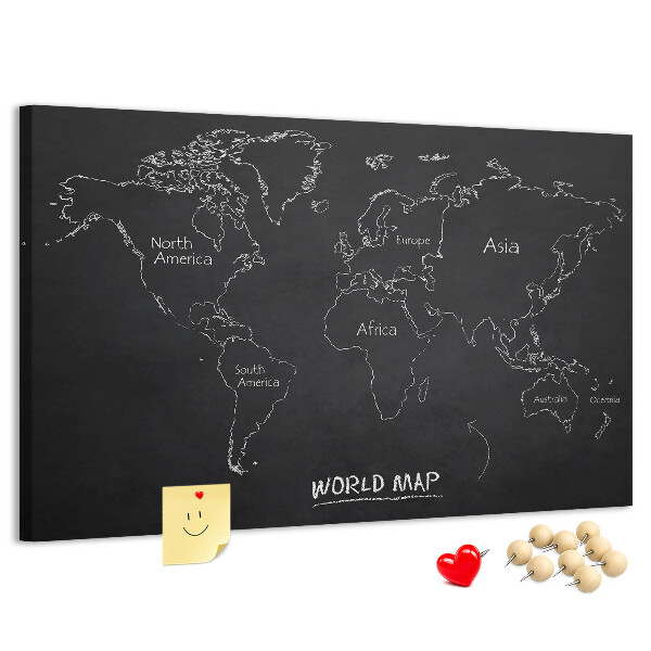 Pizarra de corcho con diseño de mapa del mundo sobre fondo negro
