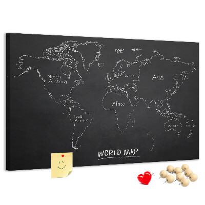 Pizarra de corcho con diseño de mapa del mundo sobre fondo negro