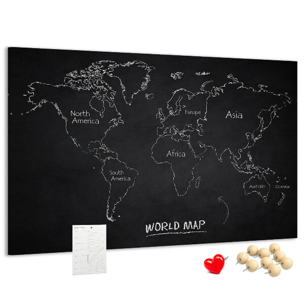 Pizarra de corcho con diseño de mapa del mundo sobre fondo negro