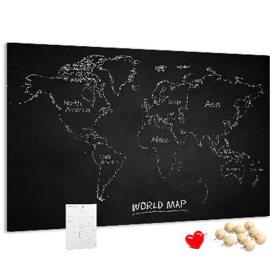 Pizarra de corcho con diseño de mapa del mundo sobre fondo negro