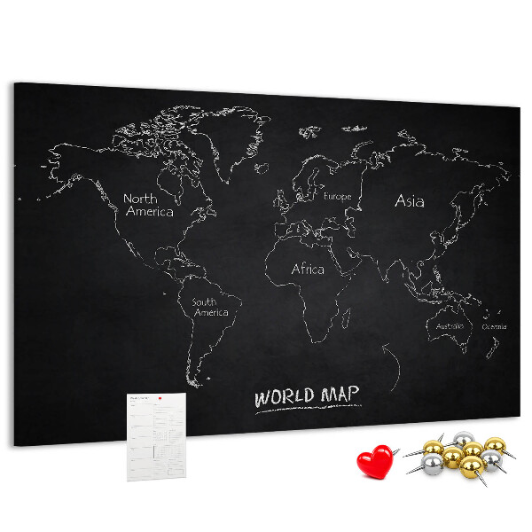 Pizarra de corcho con diseño de mapa del mundo sobre fondo negro