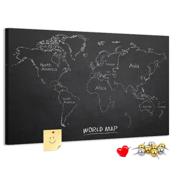 Pizarra de corcho con diseño de mapa del mundo sobre fondo negro