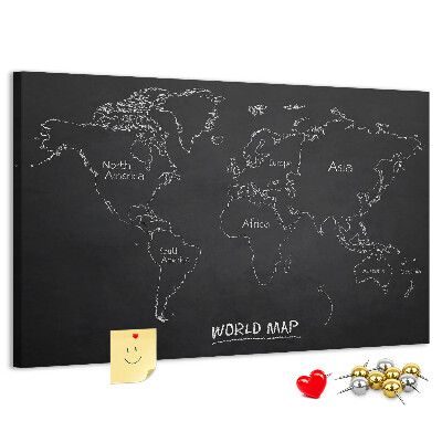 Pizarra de corcho con diseño de mapa del mundo sobre fondo negro