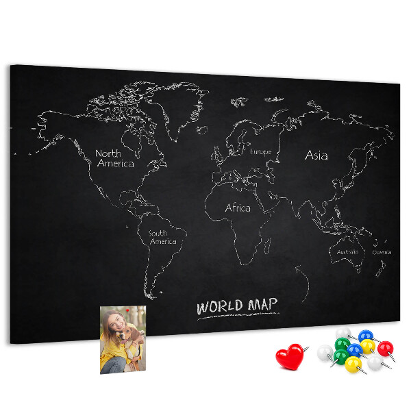 Pizarra de corcho con diseño de mapa del mundo sobre fondo negro