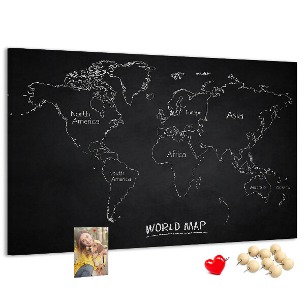 Pizarra de corcho con diseño de mapa del mundo sobre fondo negro