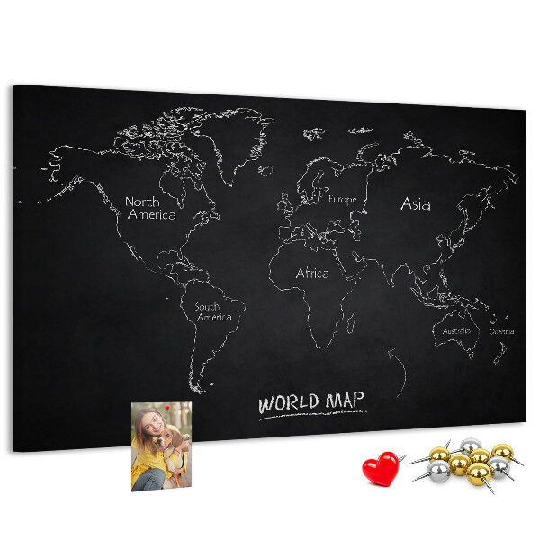 Pizarra de corcho con diseño de mapa del mundo sobre fondo negro