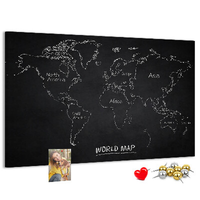 Pizarra de corcho con diseño de mapa del mundo sobre fondo negro