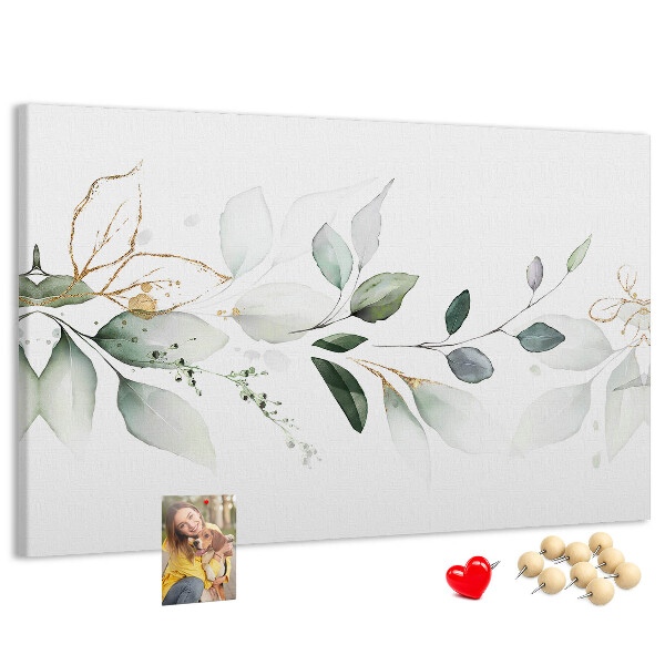 Pizarra de corcho con diseño de hojas delicadas y detalles dorados