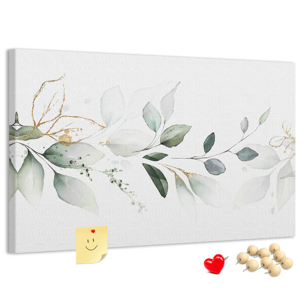 Pizarra de corcho con diseño de hojas delicadas y detalles dorados