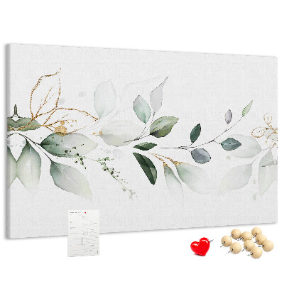 Pizarra de corcho con diseño de hojas delicadas y detalles dorados