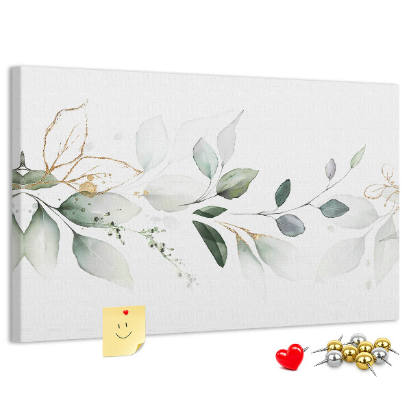 Pizarra de corcho con diseño de hojas delicadas y detalles dorados