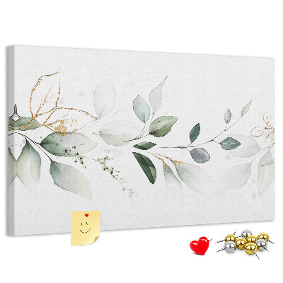 Pizarra de corcho con diseño de hojas delicadas y detalles dorados