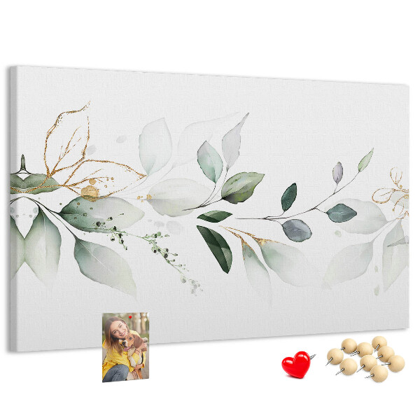 Pizarra de corcho con diseño de hojas delicadas y detalles dorados