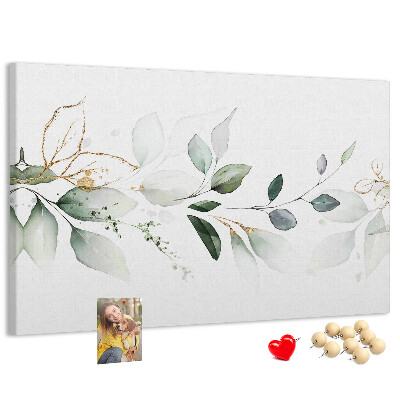 Pizarra de corcho con diseño de hojas delicadas y detalles dorados
