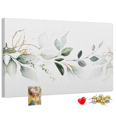 Pizarra de corcho con diseño de hojas delicadas y detalles dorados