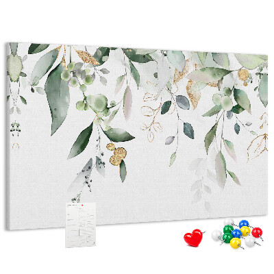 Tablero de corcho decorado hojas delicadas en tonos verdes