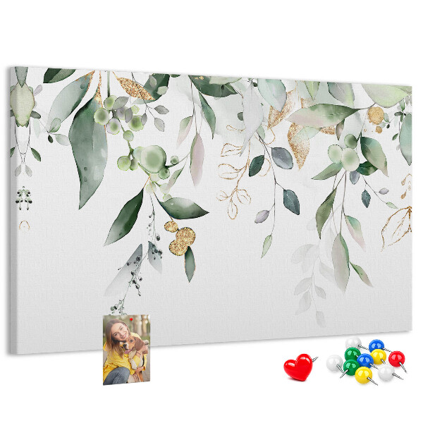 Tablero de corcho decorado hojas delicadas en tonos verdes